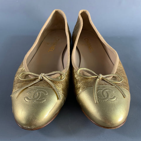 CHANEL Size 10 Gold Sequined Ballet Flats