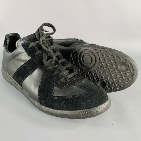 MAISON MARGIELA Size 13 Black Mixed Fabrics Leather Low Top Sneakers