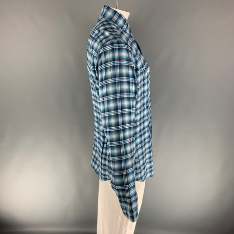 TOM FORD Size XL Blue White Plaid Cotton Flanel Long Sleeve Shirt