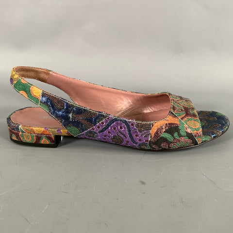 MIU MIU Size 8.5 Green Multi-Color Jacquard Slingback Sandals