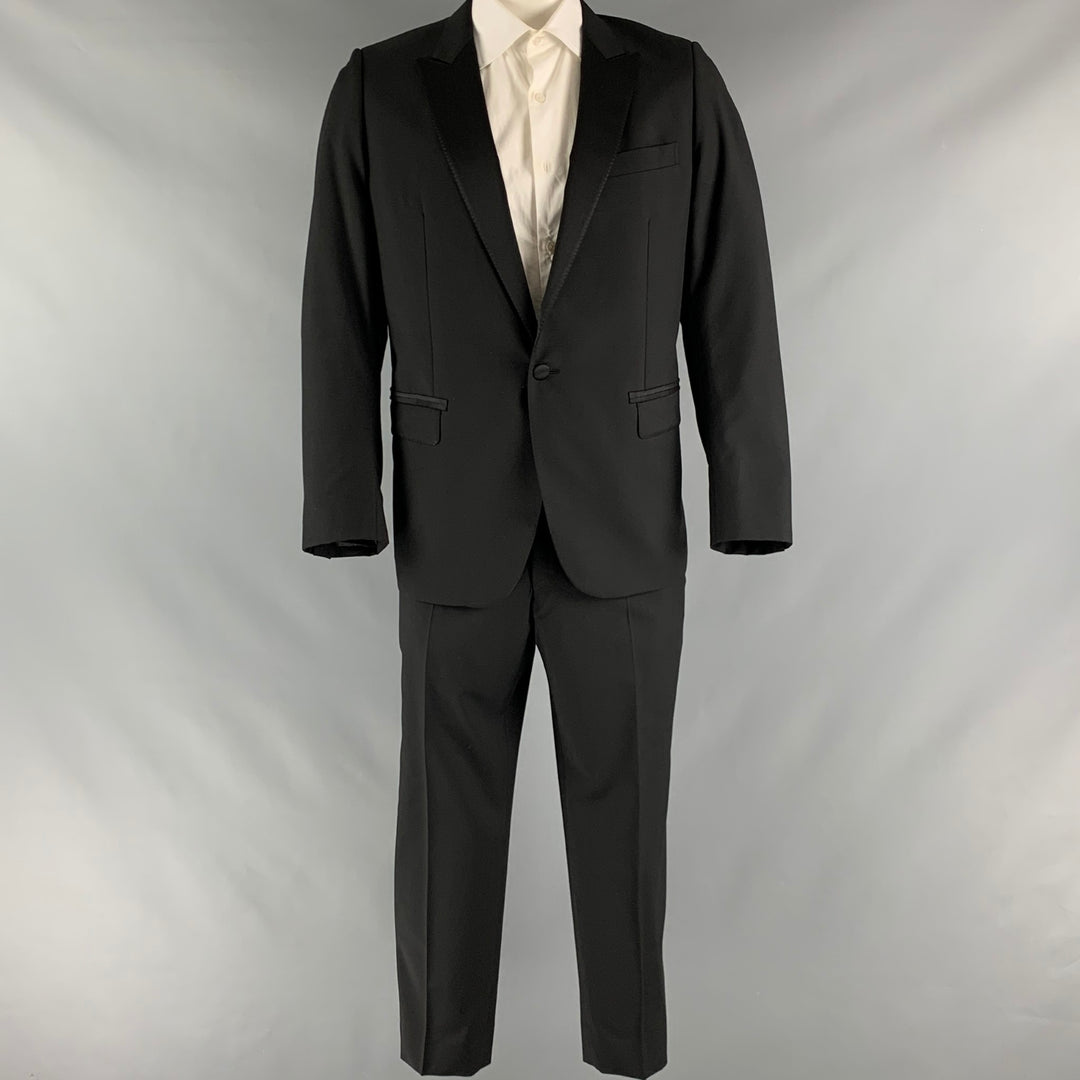 LANVIN Size 46 Black Solid Wool Mohair Peak Lapel  Tuxedo