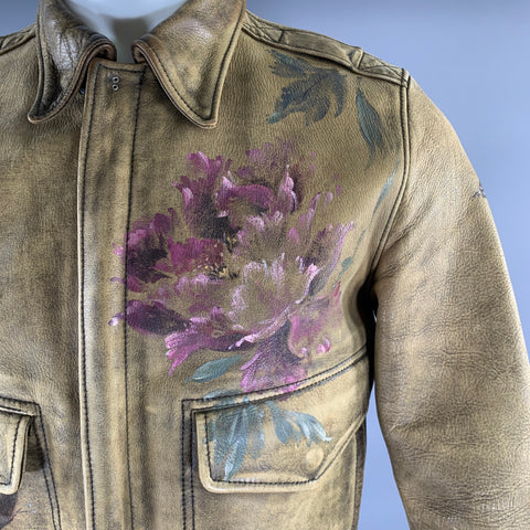 GUCCI par Tom Ford 2003  Taille 36 Beige Olive  Veste en cuir zipée peinte à la main multicolore