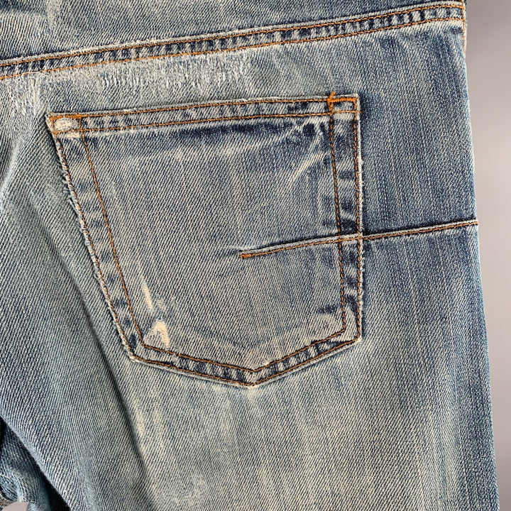 DIOR Size 34 Blue Washed Cotton Distressed Straight Button Fly Jeans