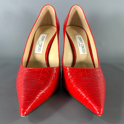 JIMMY CHOO Size 9 Red Leather J000126329395 Croc Embossed Embossed Pumps