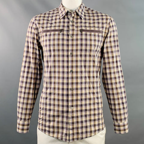 JOHN VARVATOS STAR USA Size L Beige Brown Purple Plaid Long Sleeve Shirt