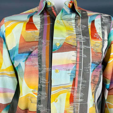 ROBERT GRAHAM Talla L Camisa de manga larga de algodón con estampado de arte abstracto multicolor