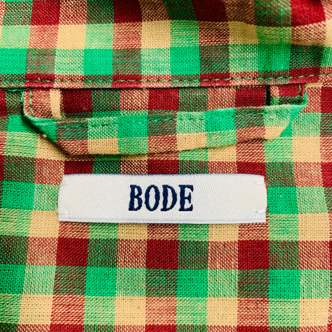BODE Size L/XL Green Beige Red Checkered Cotton One Pocket Short Sleeve Shirt