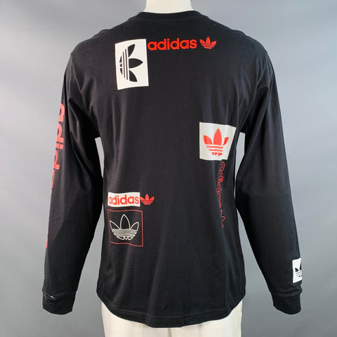 ADIDAS Size L Black Red Logo Cotton Crew Neck Pullover