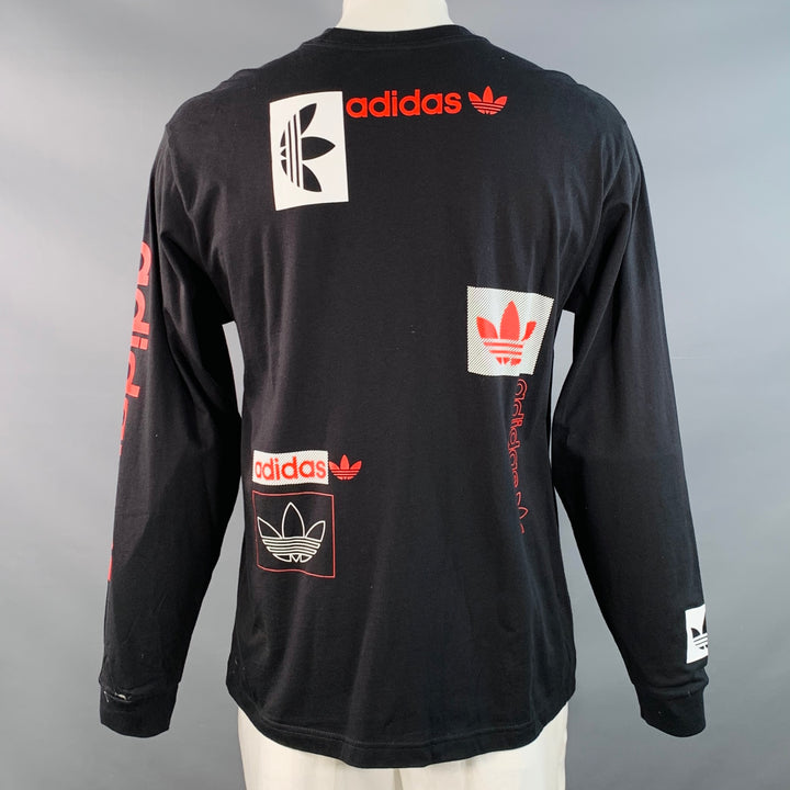 ADIDAS Size L Black Red Logo Cotton Crew Neck Pullover
