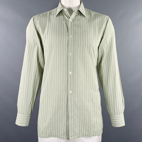 CHARVET Size L Green White Stripe Cotton Spread Collar Long Sleeve Shirt