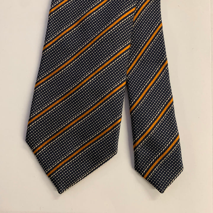 ERMENEGILDO ZEGNA Navy Orange Diagonal Stripe Silk Tie