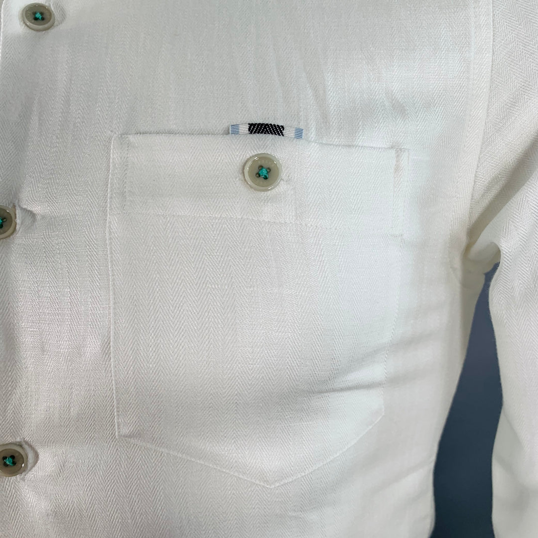 TED BAKER Size XS Jaames White Herringbone Cotton Linen One Pocket Roll Tab Long Sleeve Shirt