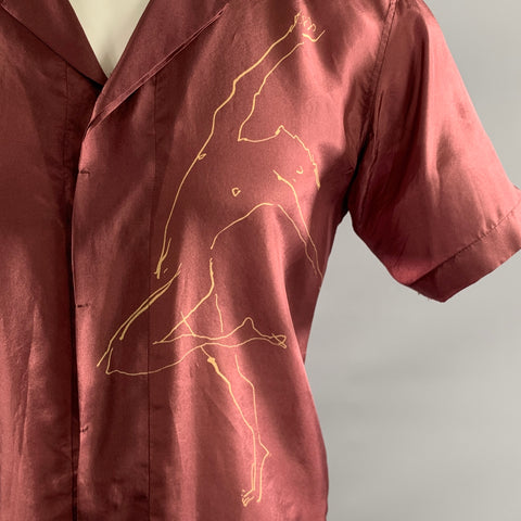 DRIES VAN NOTEN Size S Burgundy Tan Figures Short Sleeve Shirt