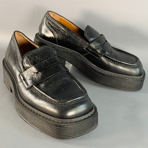 MARNI Size 9 Black Leather Platform Penny Loafer Flats