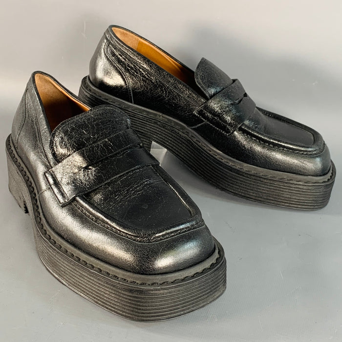 MARNI Size 9 Black Leather Platform Penny Loafer Flats