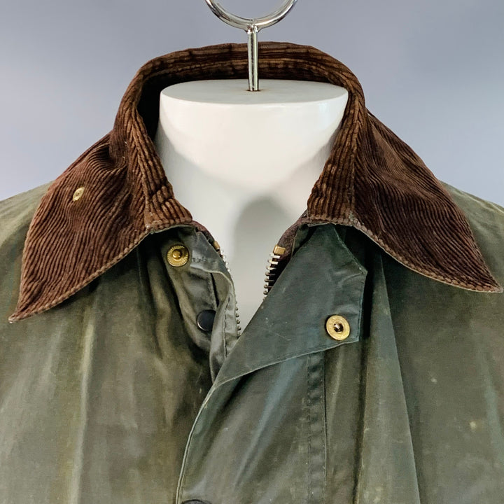 BARBOUR Size L Brown Olive Waxed Canvas Corduroy Collar Zip Snaps Jacket