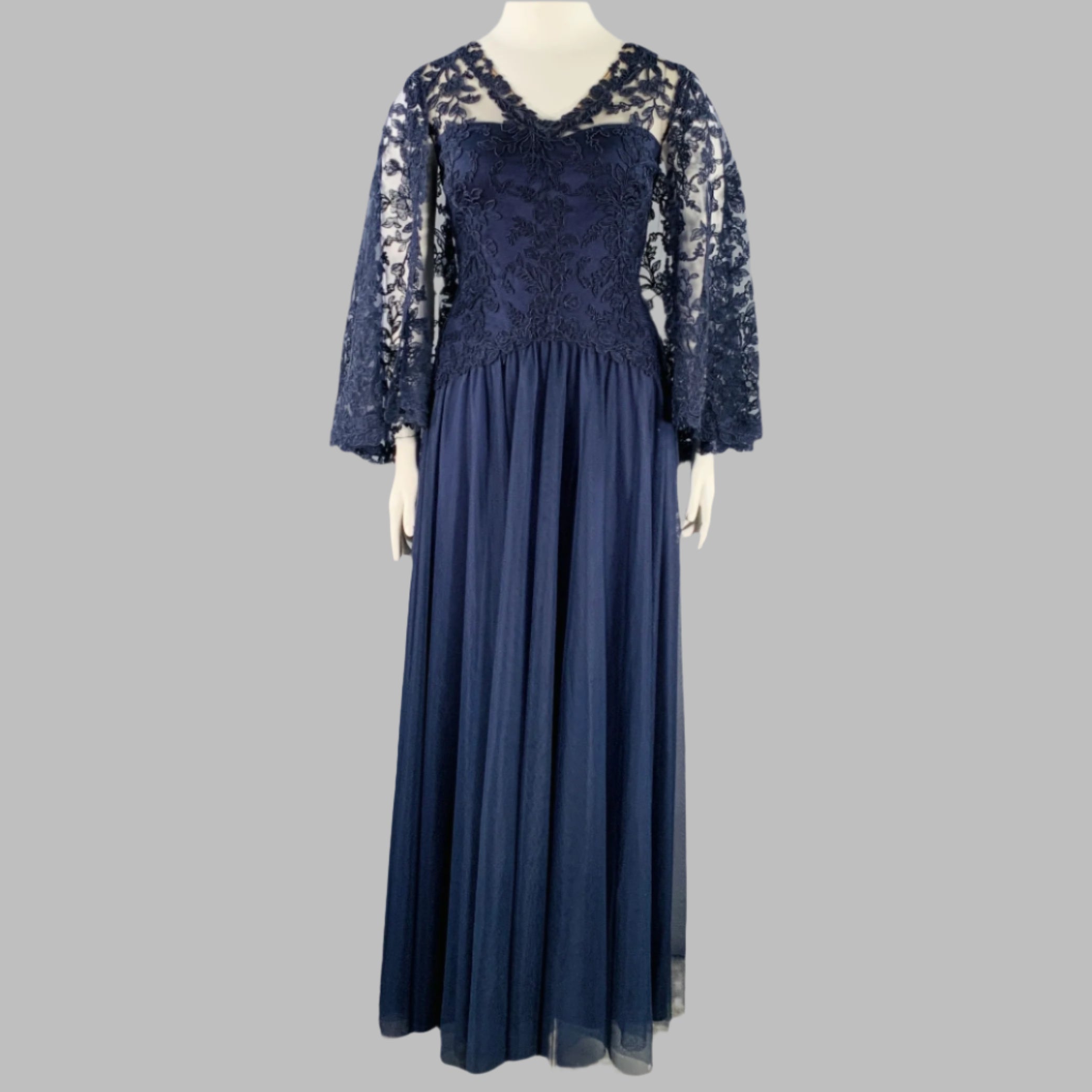 TADASHI SHOJI Size 16 Navy Nude Polyester Blend Lace Capelet Gown