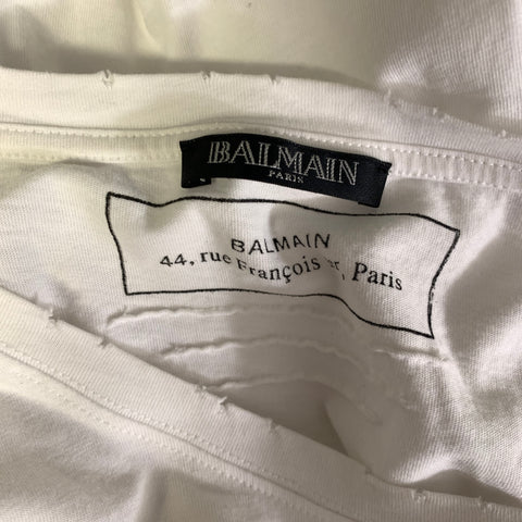 BALMAIN Size XL White Solid Cotton Crew Neck T shirt