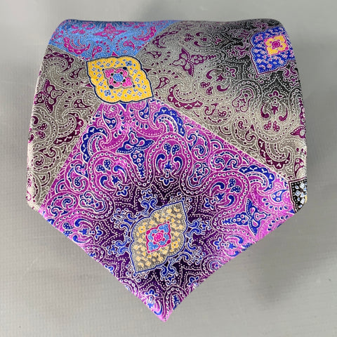 ERMENEGILDO ZEGNA Purple Grey Paisley Silk Satin Tie
