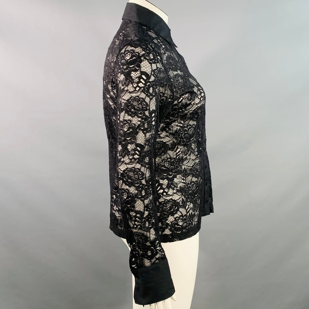 ANNE FONTAINE Size XL Black Stretchy Lace Point Collar Blouse