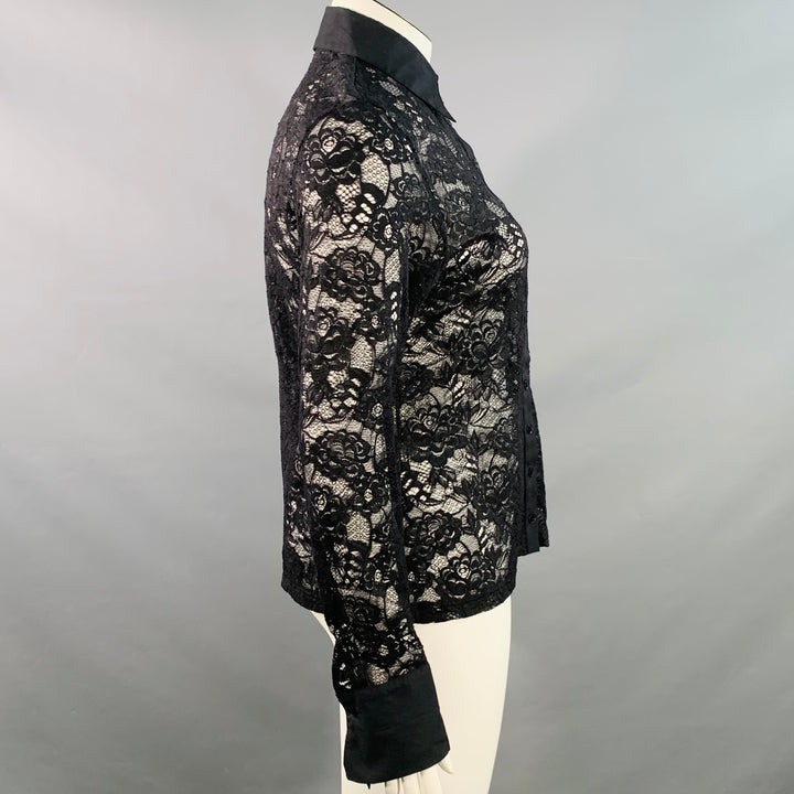 ANNE FONTAINE Size XL Black Stretchy Lace Point Collar Blouse