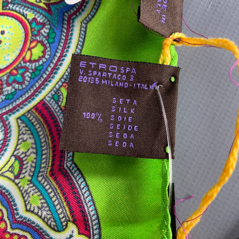 ETRO Green Multi Color Paisley Silk Pocket Square