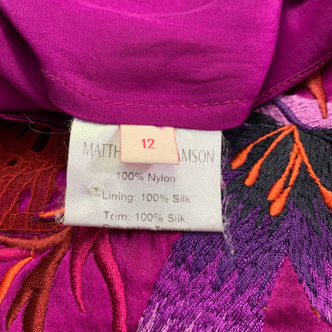 MATTHEW WILLIAMSON Size M Red Fuchsia Nylon Embroidered 3/4 Sleeves Dress