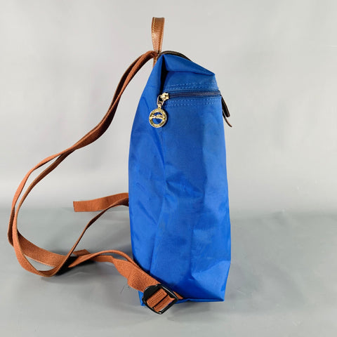 LONGCHAMP Blue Brown Mixed Materials Nylon Leather Backpack Handbag