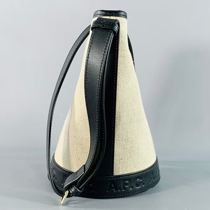 A.P.C. Beige Black Jute Cotton Leather Trim Crossbody Bucket Bag