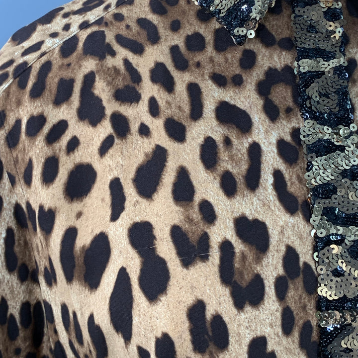DOLCE & GABBANA Size L Brown Viscose Blend Leopard Sequin Trim Snaps Shirt