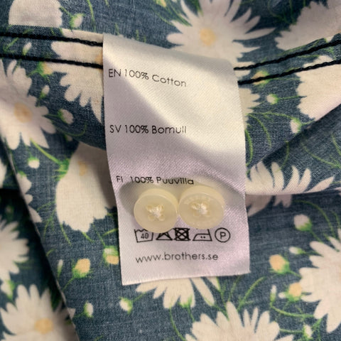RILEY Size L Navy White Floral Cotton Spread Collar Short Sleeve Shirt