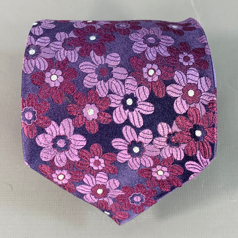 FACONNABLE Navy Purple Floral Jacquard Silk Tie