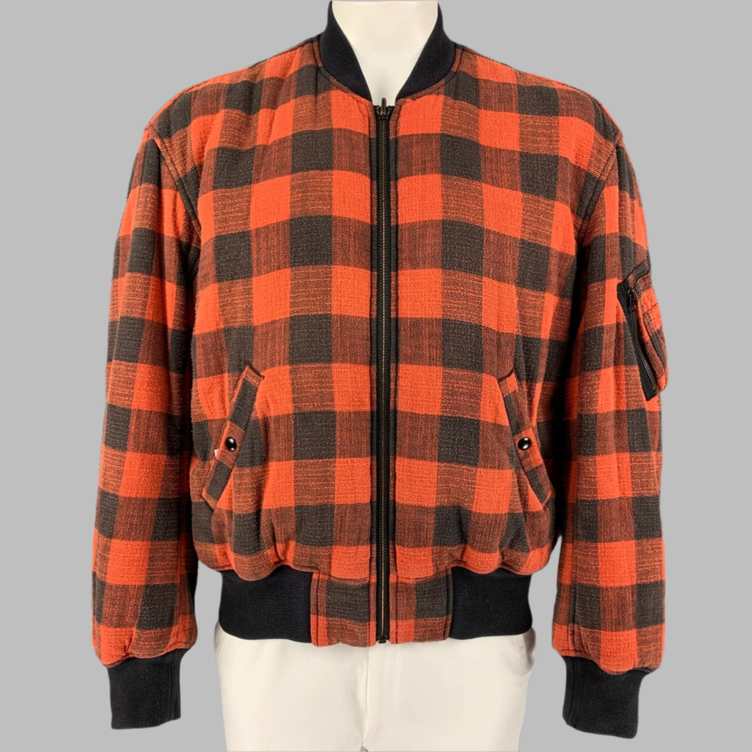 R13 Size M Orange Black Plaid Cotton Reversible Jacket