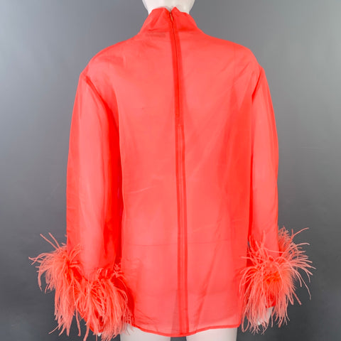 LAPOINTE Size S Pink Coral Silk High Neck Feather Trim Blouse
