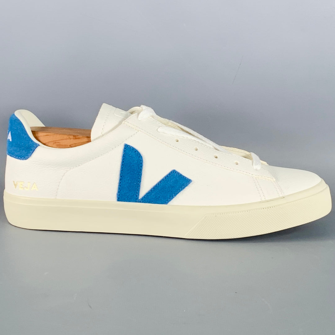 VEJA Size 11 White Blue Leather Low Top Lace-Up Sneakers