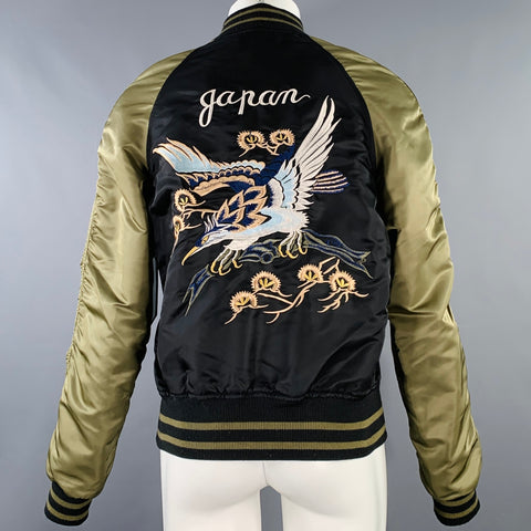 ALPHA INDUSTRIES Size S Beige Olive Yellow Embroidery Nylon Bomber Jacket