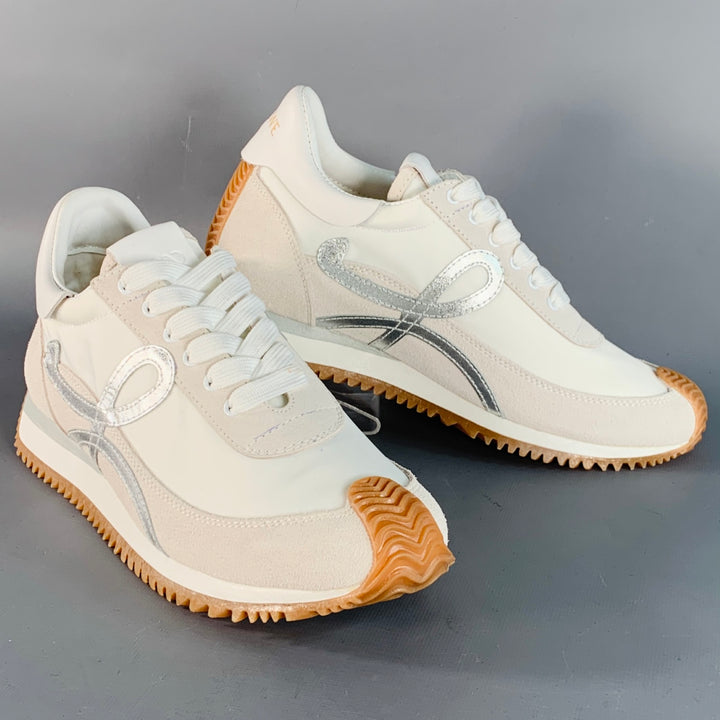 LOEWE Size 9 White Metallic Silver Nylon Suede Logo Sneakers