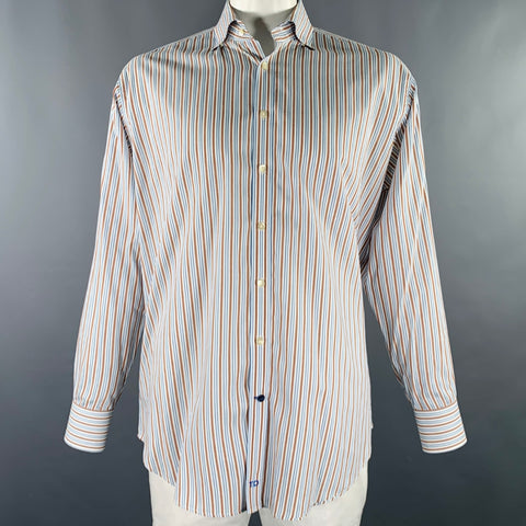 THOMAS DEAN Size L White Blue Brown Stripe Cotton Oversized Long Sleeve Shirt
