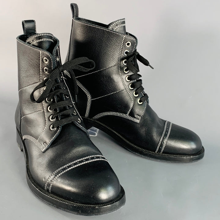 LOEWE FW17 Size 12 Black White Contrast Stitch Leather Military Boots