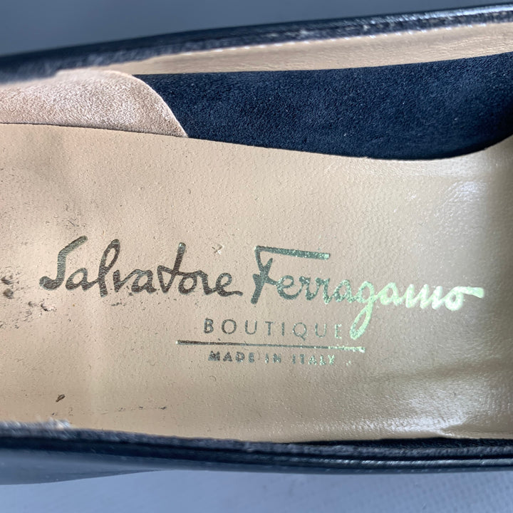SALVATORE FERRAGAMO Size 5.5 Navy Leather Kitten Heel Pumps