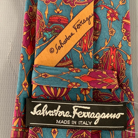 SALVATORE FERRAGAMO Blue Red Hot Air Balloons Silk Tie