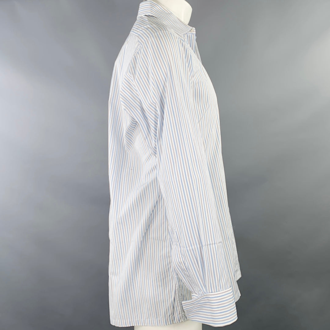 CHARVET Size M White Blue Grey Stripe Cotton Curved Cutaway Long Sleeve Shirt