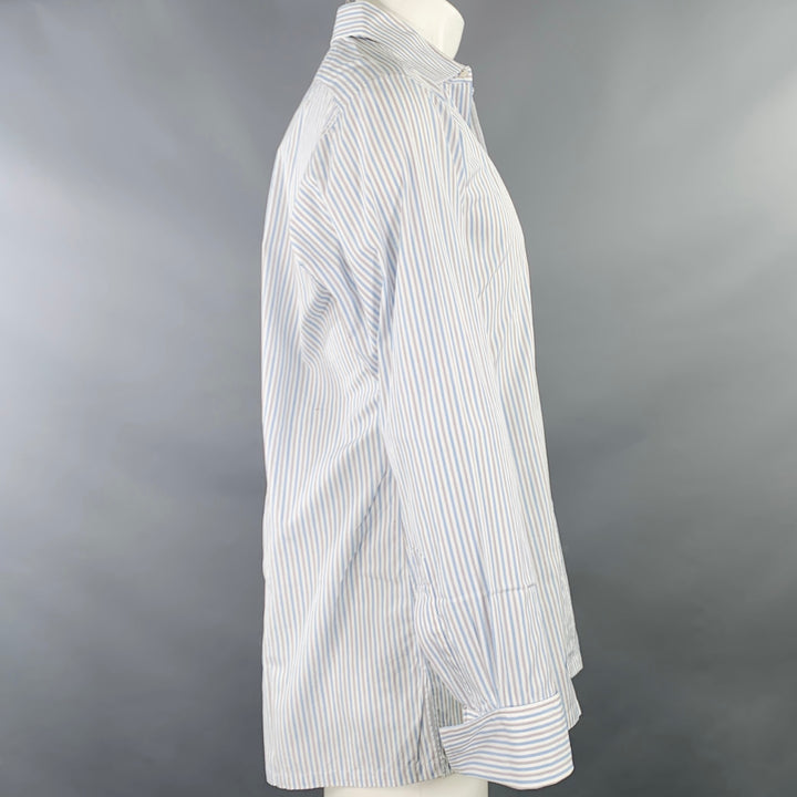 CHARVET Size M White Blue Grey Stripe Cotton Curved Cutaway Long Sleeve Shirt