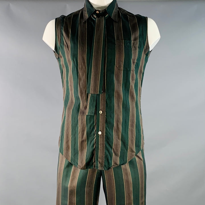 JEAN PAUL GAULTIER Size L Green Brown Stripe Sleeveless One Pocket Tie Suit