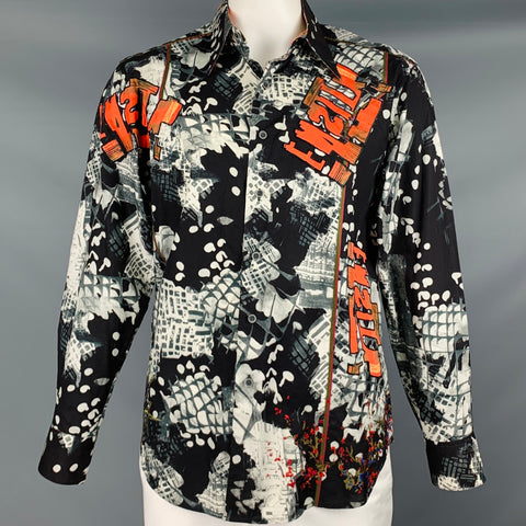 ROBERT GRAHAM Talla L Camisa de manga larga de algodón con apliques naranja blanco negro