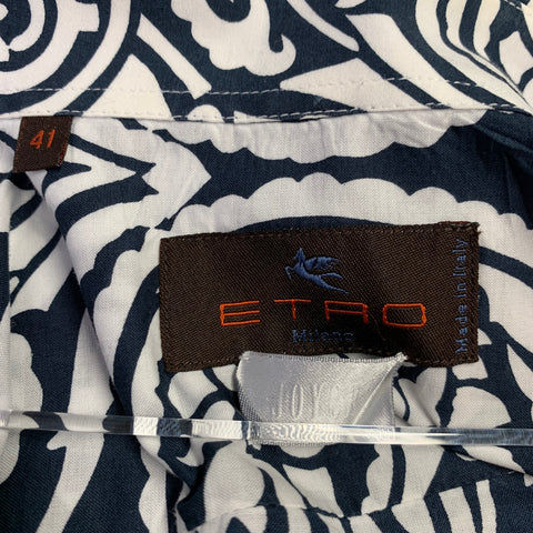 ETRO Size XXL White Navy Tapestry Cotton Long Sleeve Shirt