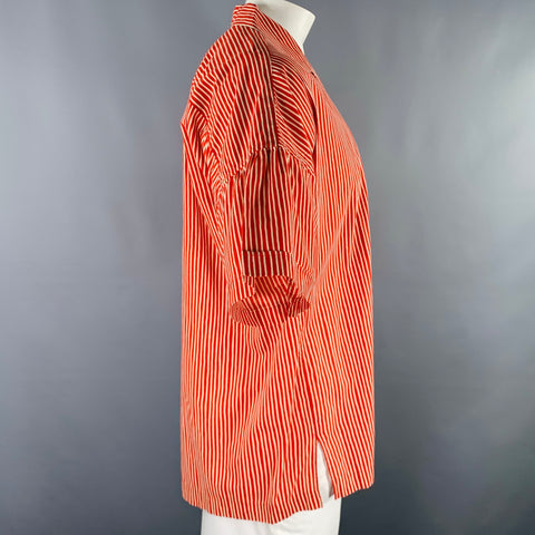 ISSEY MIYAKE Taille XL Chemise rayée rouge et blanche en coton à une poche et manches courtes
