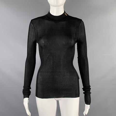 SAINT LAURENT Size M Black Silk Ribbed Turtleneck Casual Top
