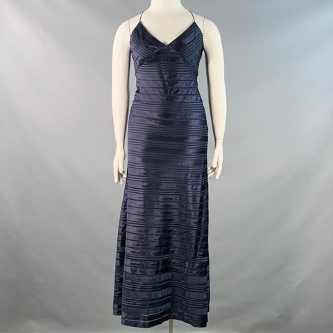 RALPH LAUREN Size 10 Navy Satin Stripe Strappy Long Evening Gown