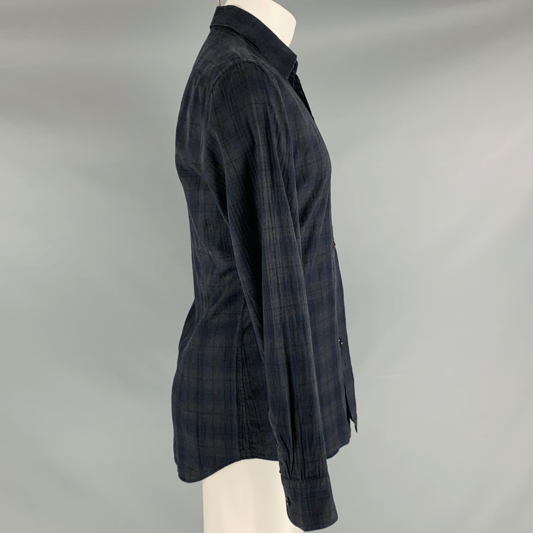 PRADA Size M Charcoal Navy Plaid Cotton Button Up Long Sleeve Shirt